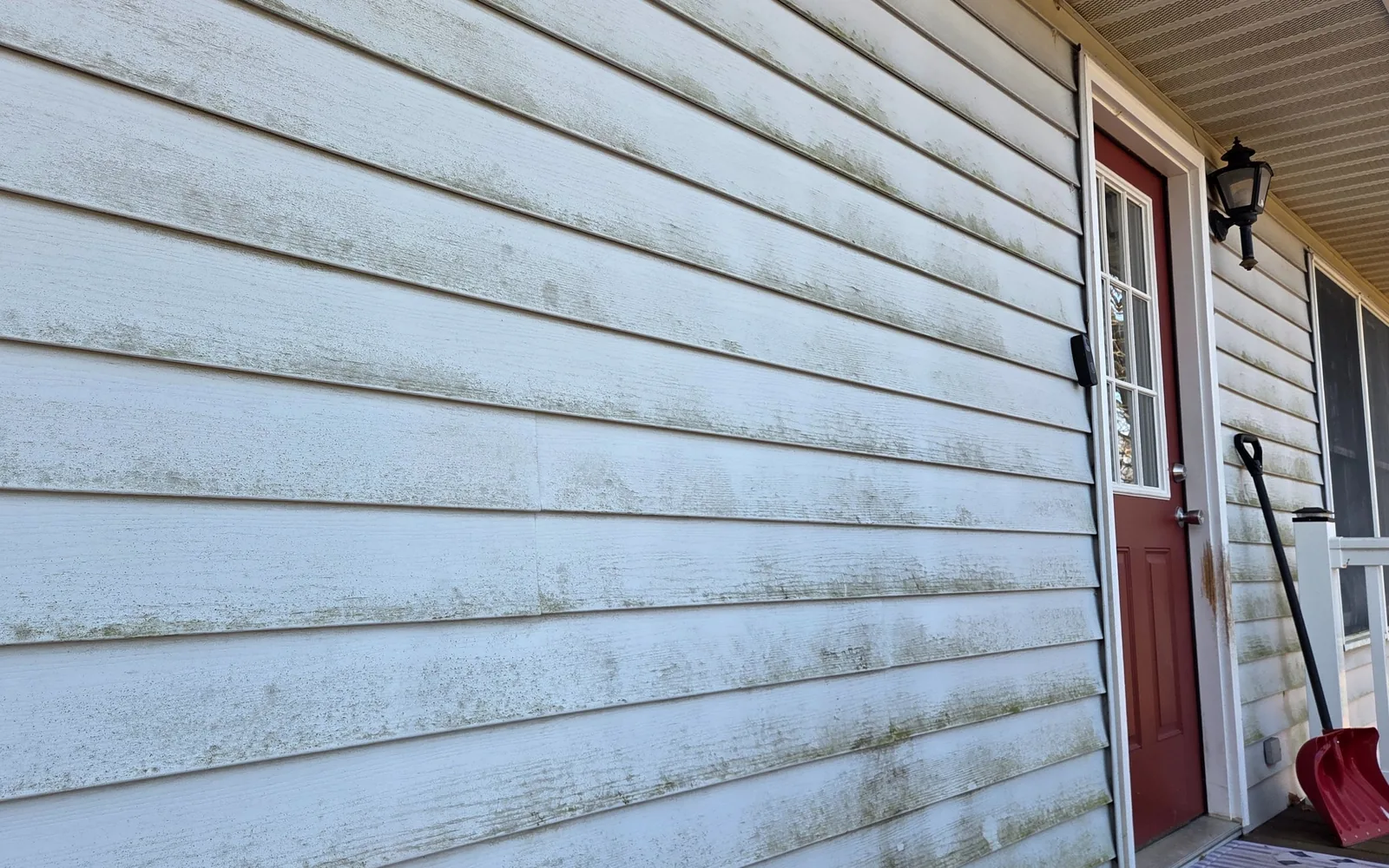 The same vinyl siding before washing — streaked with green algae and grime
