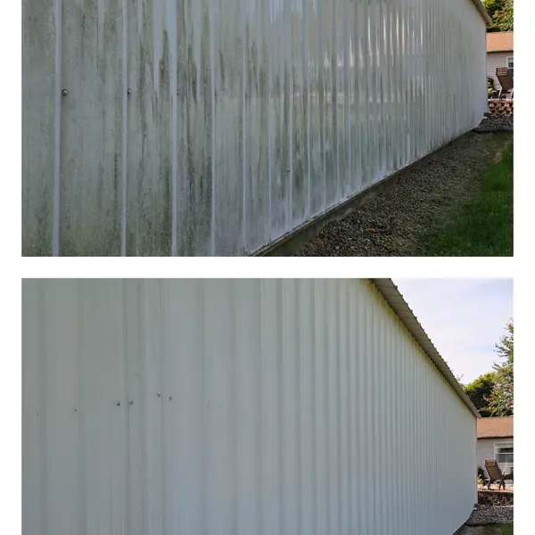 Before and after: green algae streaks soft washed off a white metal pole barn wall