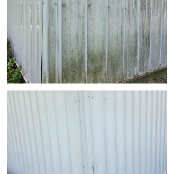 Close-up before and after of algae-stained metal barn panels restored to clean white