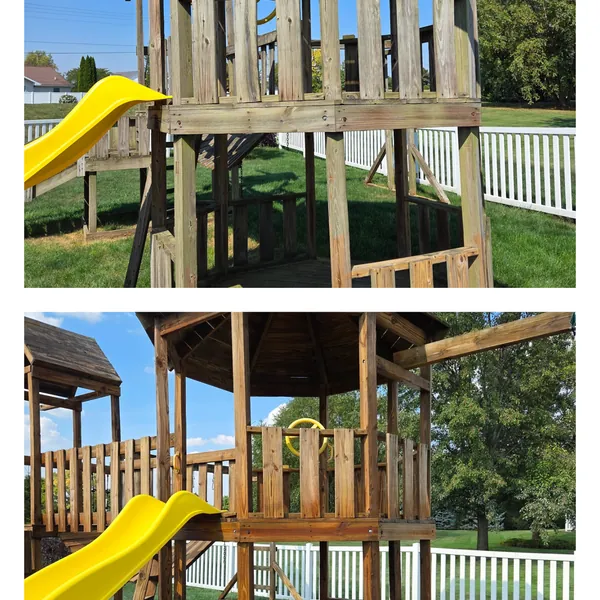 Before and after: a weathered grey wooden playset with a yellow slide restored to warm timber
