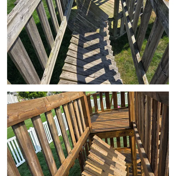 Before and after cleaning of a weathered wooden deck staircase and its railings