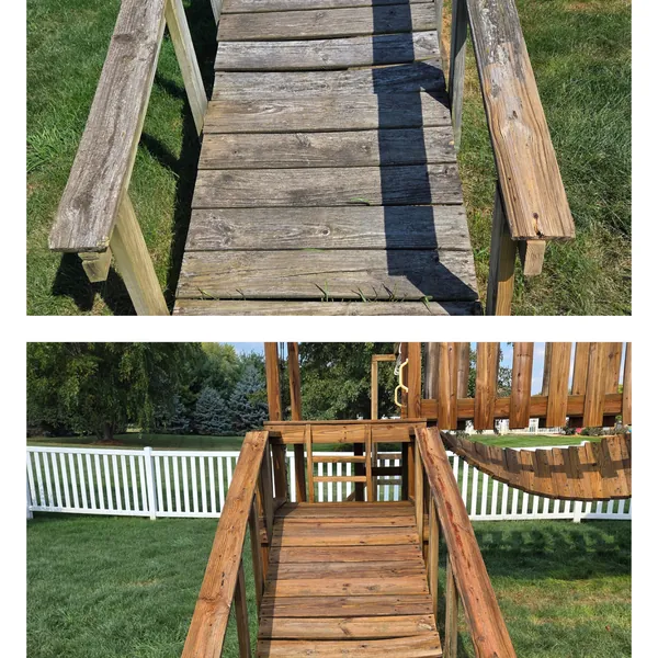 Before and after: a grey, dirt-worn playset walkway washed back to clean wood