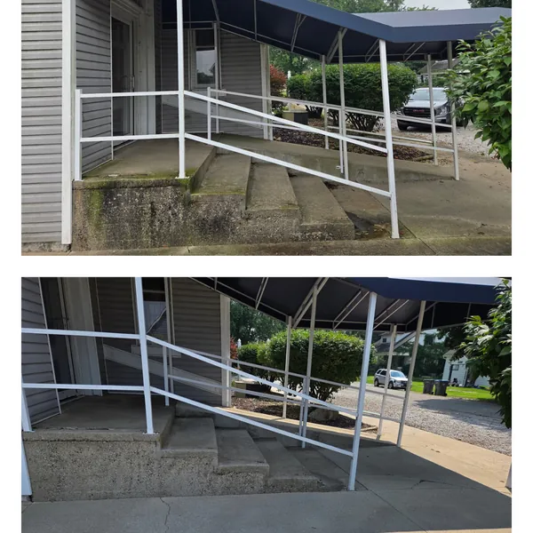 Before and after: algae cleaned from concrete steps and handrail at a church entrance