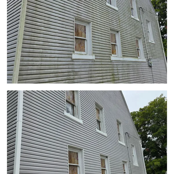 Before and after: heavy green algae soft washed off the tall side wall of a church