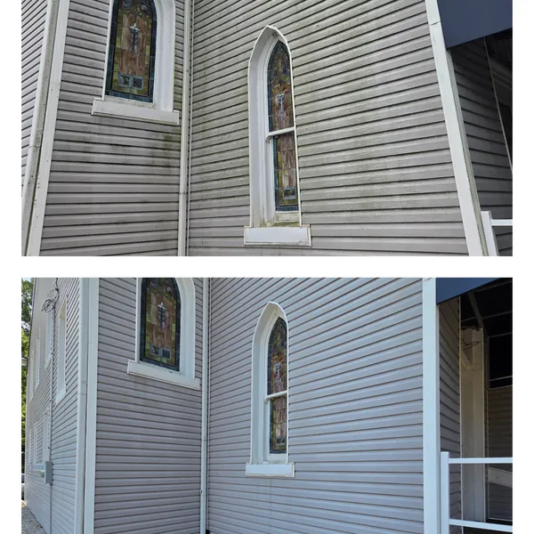Before and after soft washing of church siding around two stained-glass arched windows