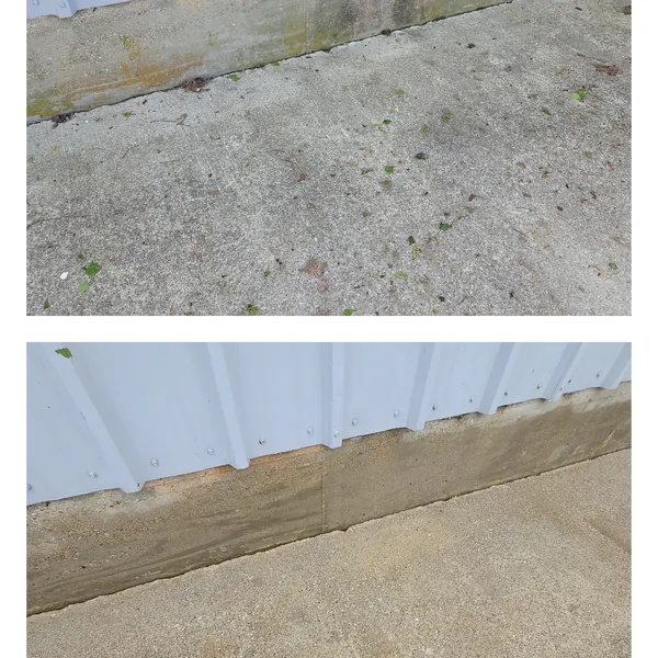 Before and after cleaning of the grimy base of a metal building and its concrete apron