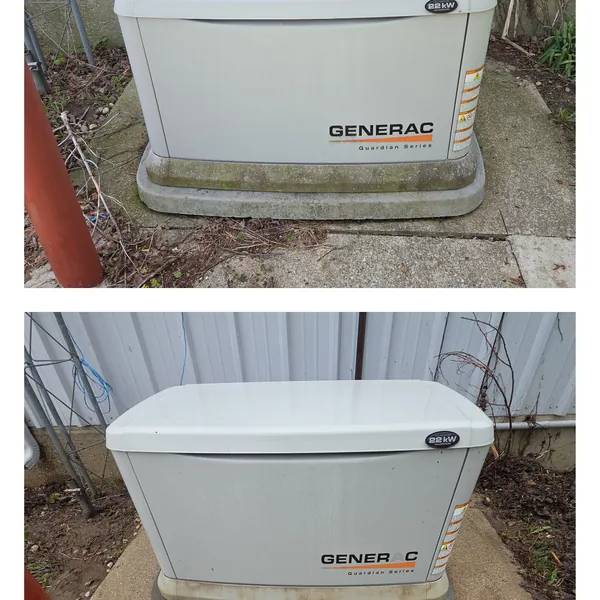 Before and after: a dirt-streaked standby generator cabinet washed clean